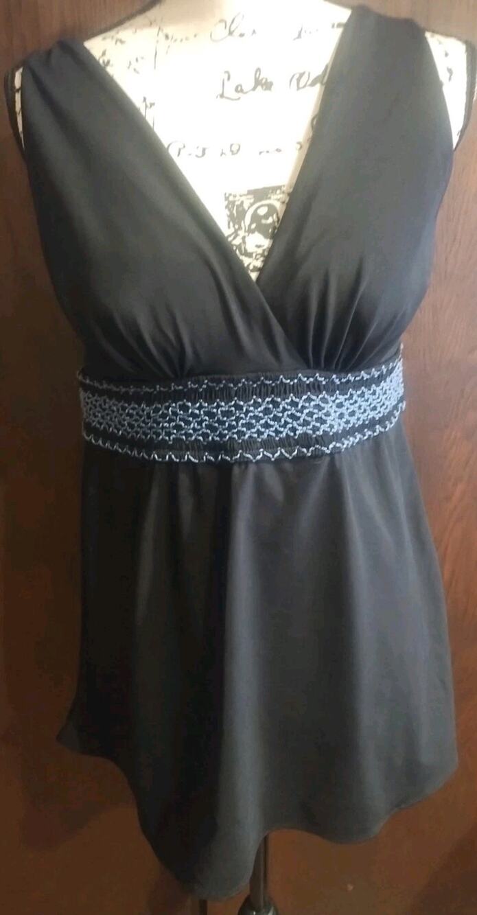 LONGITUDE Swimsuit One Piece Smocked Embroidered Swim Dress Size 14 Tall Black